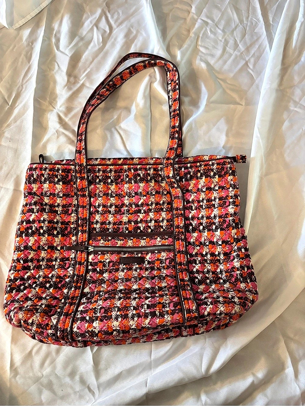 Vera Bradley Pink Orange Brown houndstooth Tweed Tote Quilted